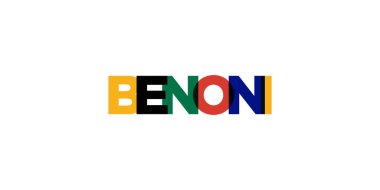 Benoni Güney Afrika ambleminde basılı ve internetli. Tasarım, modern yazı tipinde cesur tipografiye sahip geometrik stil, vektör illüstrasyonuna sahiptir. Beyaz arkaplanda izole edilmiş grafiksel slogan harfleri.