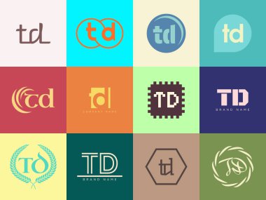 TD logo şirketi şablonu. Harf t ve d logotype. Tasarım elemanları ile farklı klasik serif harfleri ve modern kalın metin ayarla. İlk yazı tipi tipografisi. Koleksiyon trend iş kimliği.