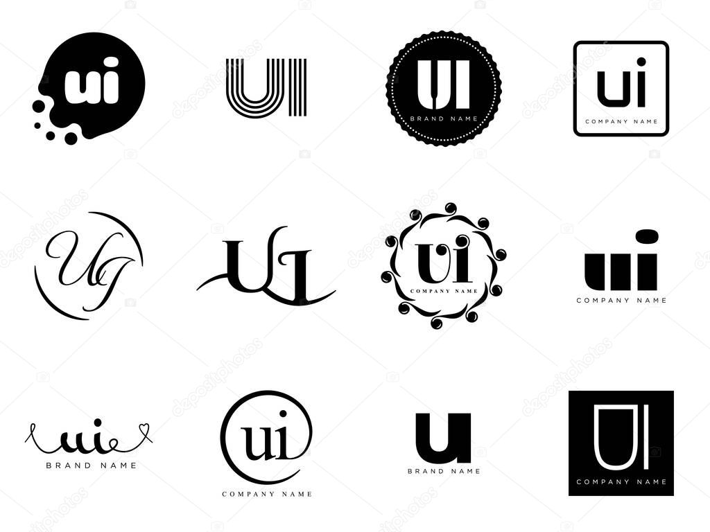 UI logo company template. Letter u and i logotype. Set different classic serif lettering and modern bold text with design elements. Initial font typography. Collection trendy business identity.