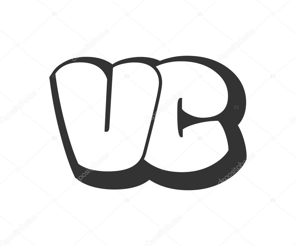 VC logo, bubble comic lettering, rounded in graffiti style black and white silhouette. Trendy preschool V and C letter text for festival party, personal initials, children funky print and web. Vector illustration.