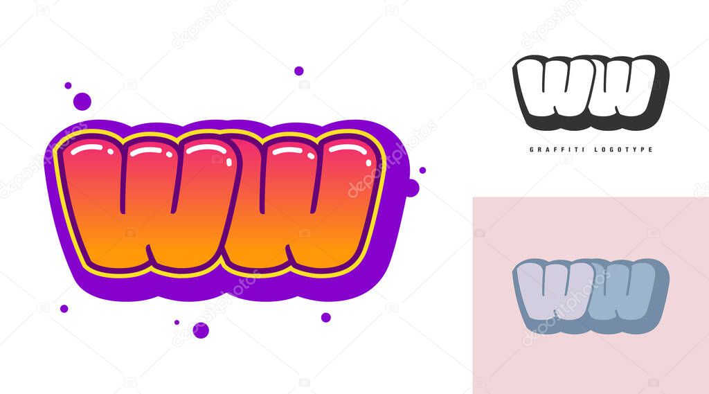 WW logo design for festival or party. Initial letter w and w in graffiti style. Creative modern lettering company name of font typography. Kids trendy logotype or identity. Vector illustration.