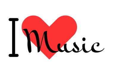 Yaratıcı müzik sloganına bayılırım. Kırmızı kalpli el yazısıyla yazılmış mektuplar. Yazılı t-shirt, afiş, poster, çıkartma veya etiket için modern tasarım harfleri.