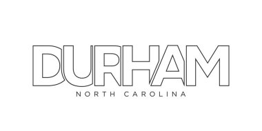 Durham, Kuzey Carolina, ABD tipografi sloganı. Baskı ve web ürünleri için grafik şehir harfleriyle Amerika logosu.