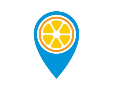 Canlı, stilize edilmiş bir illüstrasyon. İçinde portakal dilimi olan bir lokasyon rozeti tasvir ediyor. Gıda dağıtımını, yerel çiftçi pazarını ve sağlıklı gıda seçeneklerini temsil etmek için mükemmel..