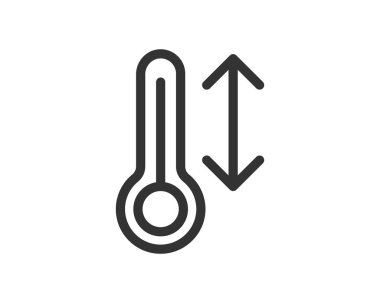 Sembolik minimalist çizim. Yukarı ve aşağı okları olan termometre simgesi sıcaklık dalgalanmaları olduğunu gösteriyor. Hava durumu, sağlık hizmetleri veya veri tasarım projeleri için kullanışlı.
