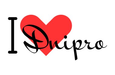 Ukrayna 'nın Dnipro şehrini seviyorum. Kırmızı kalpli el yazısıyla yazılmış mektuplar. Vektör illüstrasyon harfleri, yazdırma tişörtü, afiş, poster, etiket veya etiket için modern tasarım.