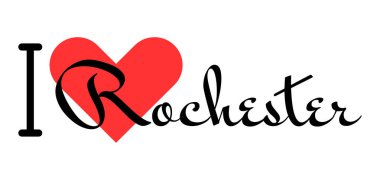 Rochester 'ı seviyorum, Amerika Birleşik Devletleri. Kırmızı kalpli el yazısıyla yazılmış mektuplar. Vektör illüstrasyonu, modern tasarım