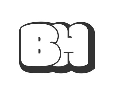 BH logosu, balon komedi harfleri, graffiti stili siyah beyaz siluetle yuvarlanmış. Festival partisi için modaya uygun B ve H harfi metni, baş harfleri, çocuklar için funky prinky ve web. Vektör illüstrasyonu.