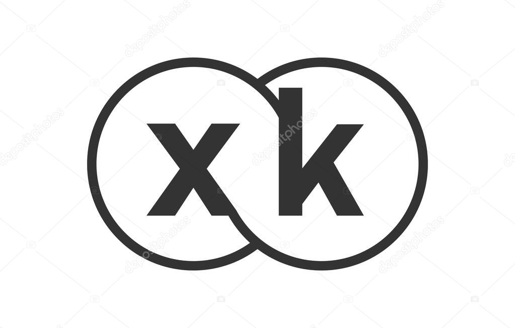 XK business company emblem with outline rounds and letters x k. Logo template of two merged circles for brand identity, logotype. Vector Infinity symbol  and technology sign.