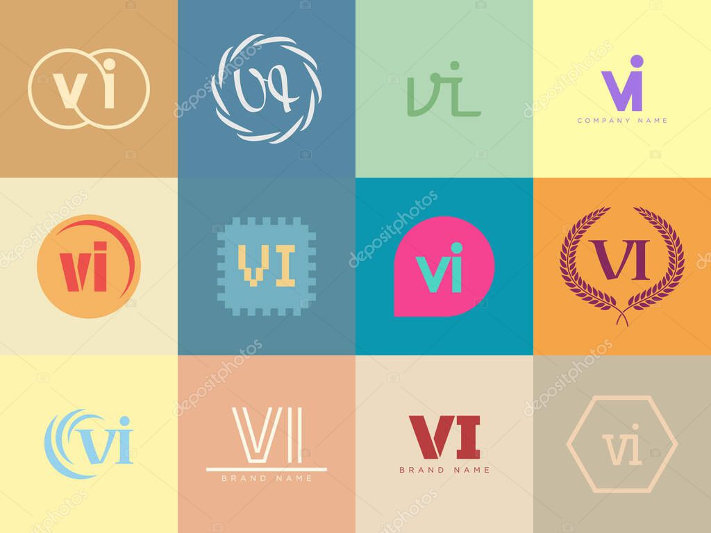 VI logo company template. Letter v and i logotype. Set different classic serif lettering and modern bold text with design elements. Initial font typography. Collection trendy business identity.