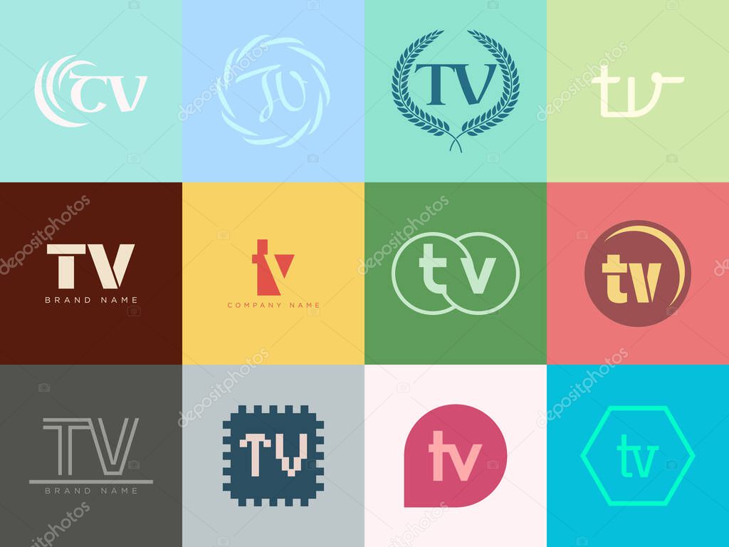 TV logo company template. Letter t and v logotype. Set different classic serif lettering and modern bold text with design elements. Initial font typography. Collection trendy business identity.