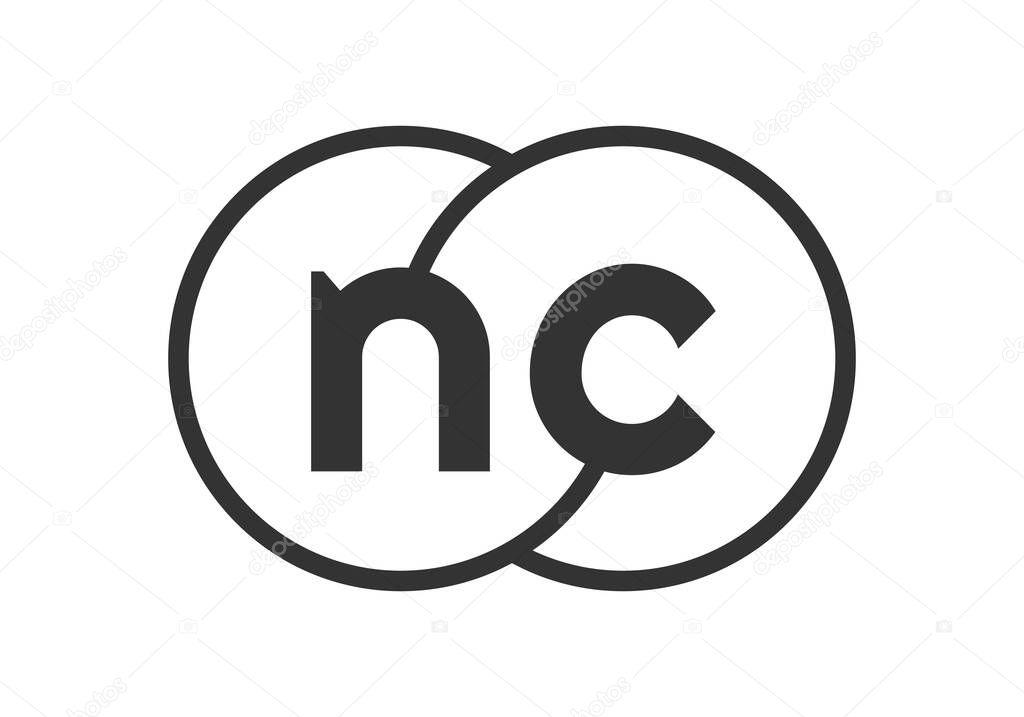 NC business company emblem with outline rounds and letters n c. Logo template of two merged circles for brand identity, logotype. Vector Infinity symbol  and technology sign.