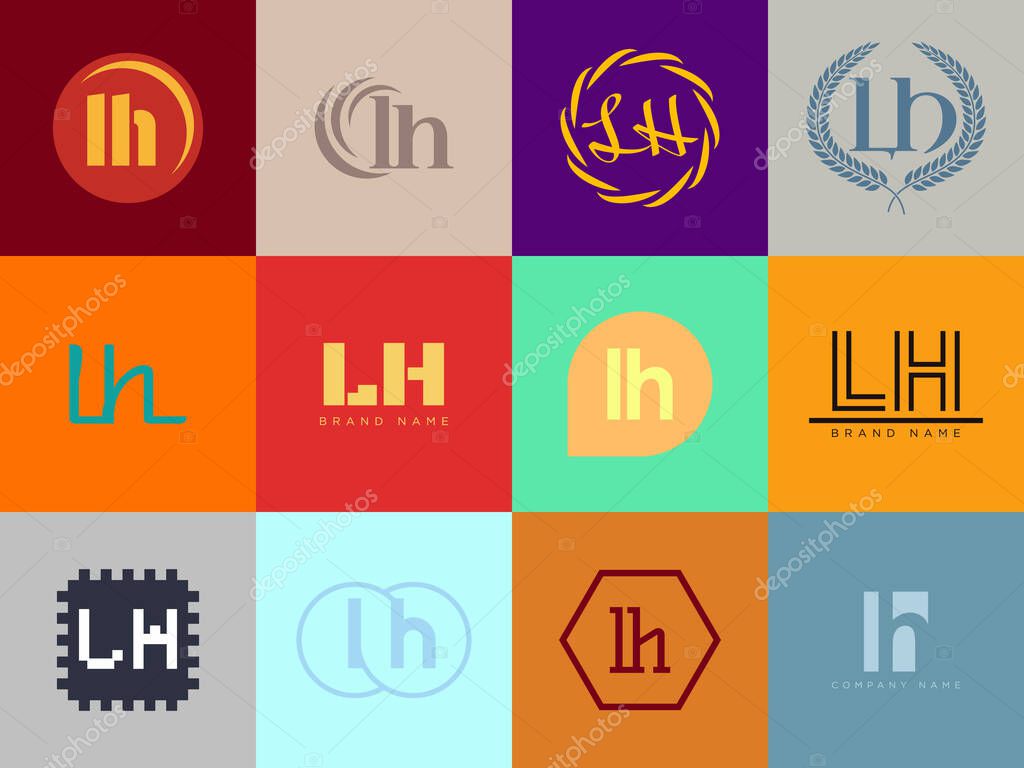 LH logo company template. Letter l and h logotype. Set different classic serif lettering and modern bold text with design elements. Initial font typography. Collection trendy business identity.