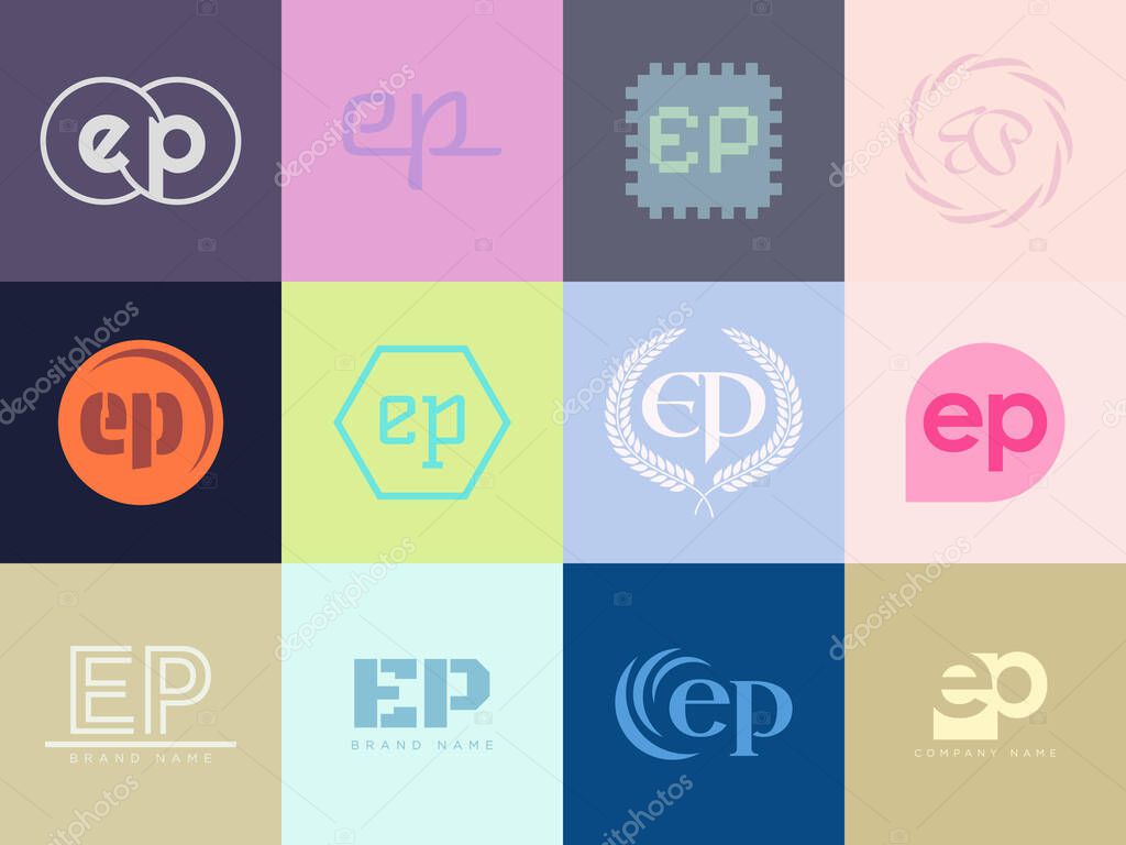 EP logo company template. Letter e and p logotype. Set different classic serif lettering and modern bold text with design elements. Initial font typography. Collection trendy business identity.