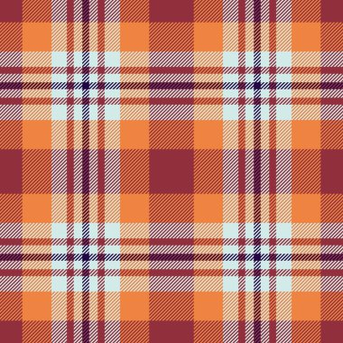 Ilık turuncu, bordo ve soluk mavi renklerle canlı sonbahar ekose desenli. Düşen tasarımlar, tekstil ve mevsimlik markalar için mükemmel..