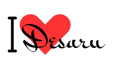 Desaru 'yu seviyorum, Malezya şehri. Kırmızı kalpli el yazısıyla yazılmış mektuplar. Vektör illüstrasyon harfleri, yazdırma tişörtü, afiş, poster, etiket veya etiket için modern tasarım.