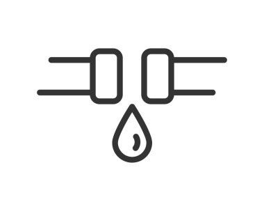 Düşen damlacıkla sızdıran bir borunun minimalist simgesi. Tesisat sorunlarını sembolize ediyor. Su hasarı, tamir gereksinimleri veya bakım. İnşaat, endüstri veya hizmet temaları için kullanım.