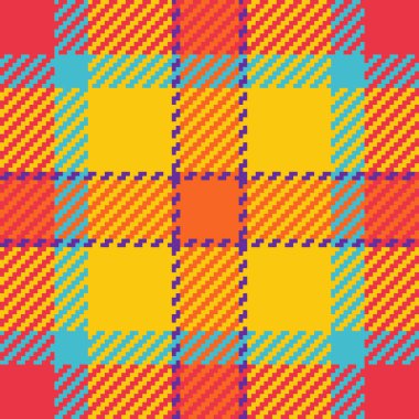 Canlı, pikselli ekose desenli koyu sarı, turuncu, kırmızı ve deniz mavisi. Tekstil tasarımı, web sitesi geçmişi veya markalaşma projeleri için mükemmel.
