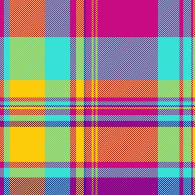 Canlı ekose desenli, tekstil desenli. Renkli çekler ve çizgiler eski veya modern bir estetik yaratıyor. Arkaplan, giyim veya grafik tasarım için ideal.