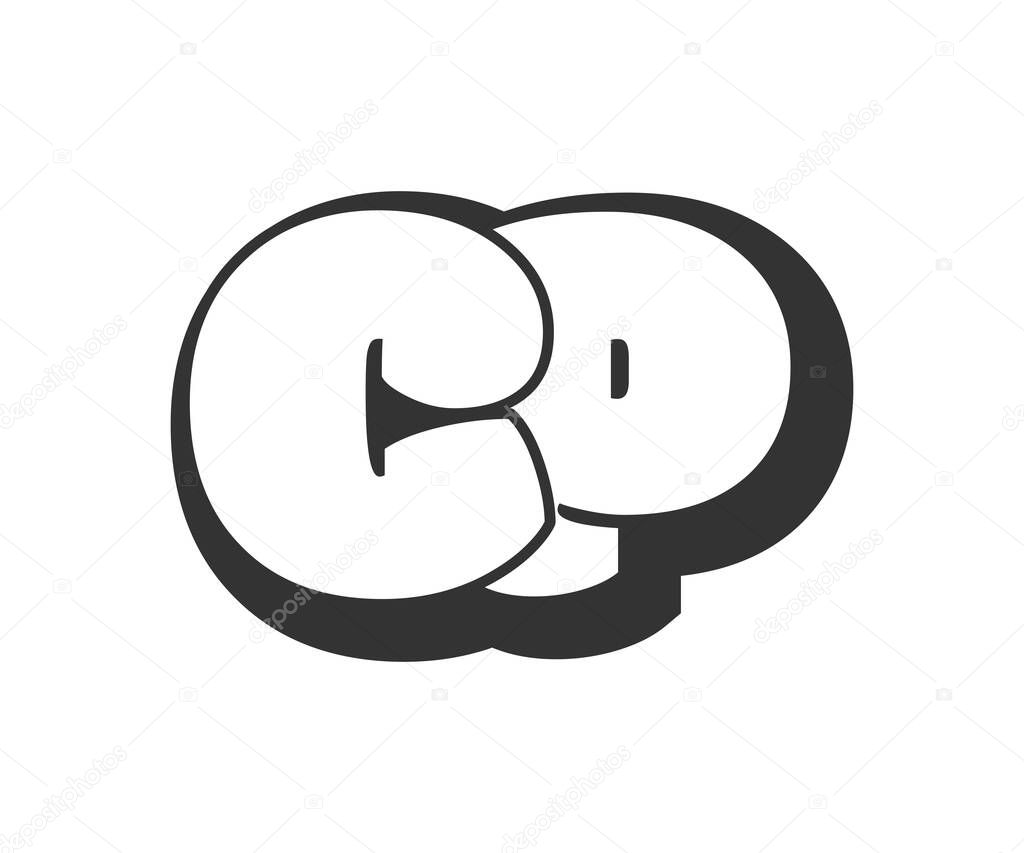 CP logo, bubble comic lettering, rounded in graffiti style black and white silhouette. Trendy preschool C and P letter text for festival party, personal initials, children funky print and web. Vector illustration.