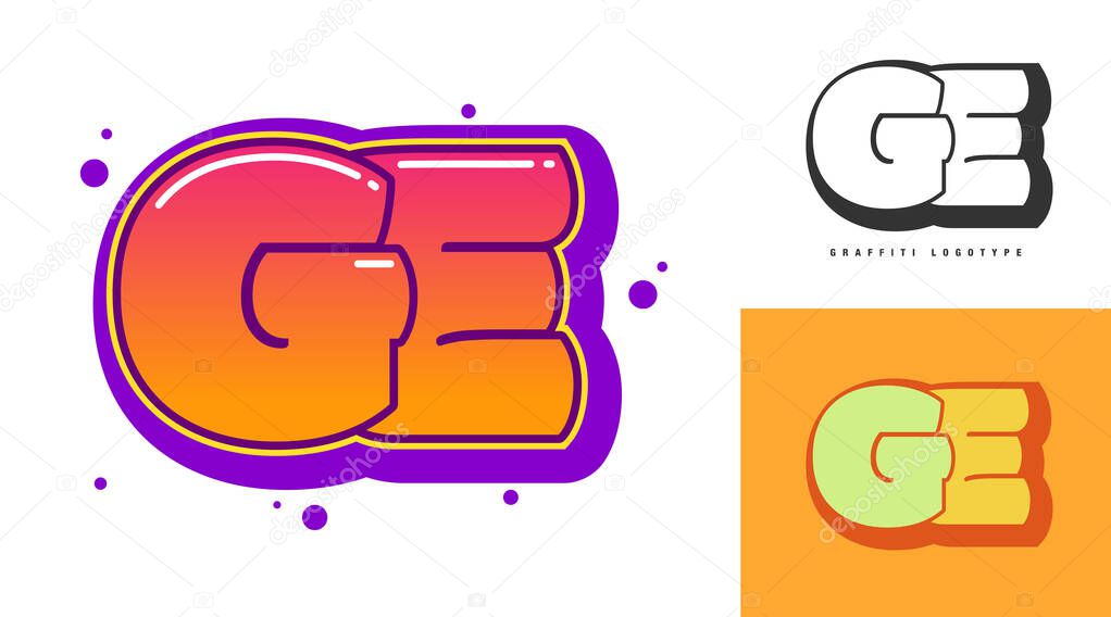 GE logo design for festival or party. Initial letter g and e in graffiti style. Creative modern lettering company name of font typography. Kids trendy logotype or identity. Vector illustration.