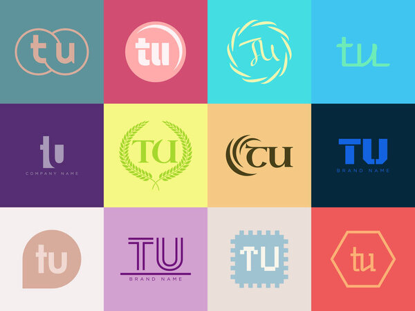 TU logo company template. Letter t and u logotype. Set different classic serif lettering and modern bold text with design elements. Initial font typography. Collection trendy business identity.