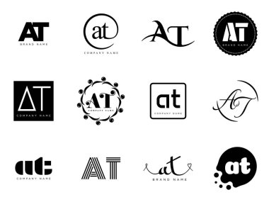 AT logo şirketi şablonu. A ve T harfi logoti. Tasarım elemanları ile farklı klasik serif harfleri ve modern kalın metin ayarla. İlk yazı tipi tipografisi. Koleksiyon trend iş kimliği.