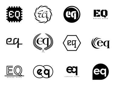 EQ logo şirketi şablonu. E ve q logoti harfleri. Tasarım elemanları ile farklı klasik serif harfleri ve modern kalın metin ayarla. İlk yazı tipi tipografisi. Koleksiyon trend iş kimliği.
