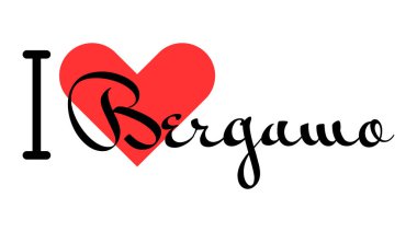 Bergamo 'yu seviyorum, İtalya' yı. Kırmızı kalpli el yazısıyla yazılmış mektuplar. Vektör illüstrasyon harfleri, yazdırma tişörtü, afiş, poster, etiket veya etiket için modern tasarım.