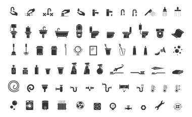 Siyah beyaz banyo, hijyen ve su tesisatı koleksiyonu. Web tasarımı, bilgi grafikleri ve mimari planlar için kullanışlı. Hijyen ve hizmetlerin sembolize edilmesi.