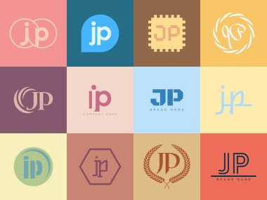 JP logo şirketi şablonu. J harfi ve p logoti. Tasarım elemanları ile farklı klasik serif harfleri ve modern kalın metin ayarla. İlk yazı tipi tipografisi. Koleksiyon trend iş kimliği.
