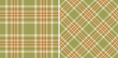 Soluk yeşil, bej ve turuncu tonlarda iki tane kusursuz ekose desen. Sonbahar tasarımları, tekstil ve web sitesi geçmişi için mükemmel. Sıcaklık ve kırsal cazibeyi çağrıştırıyor..