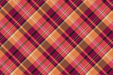 Fabrikasız tekstil çeki, genç desenli ekose kumaş. Kral arkaplan vektör deseni turuncu ve kırmızı renk paletinde.