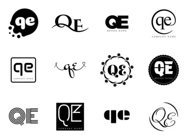 QE logo şirketi şablonu. Q ve E harfi logoti. Tasarım elemanları ile farklı klasik serif harfleri ve modern kalın metin ayarla. İlk yazı tipi tipografisi. Koleksiyon trend iş kimliği.