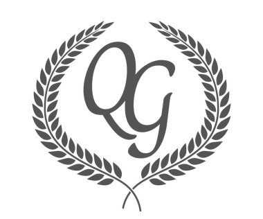 Q ve G harfleri, defne çelenkli QG monogram logo tasarımı. Kaligrafi yazı tipli lüks amblem.