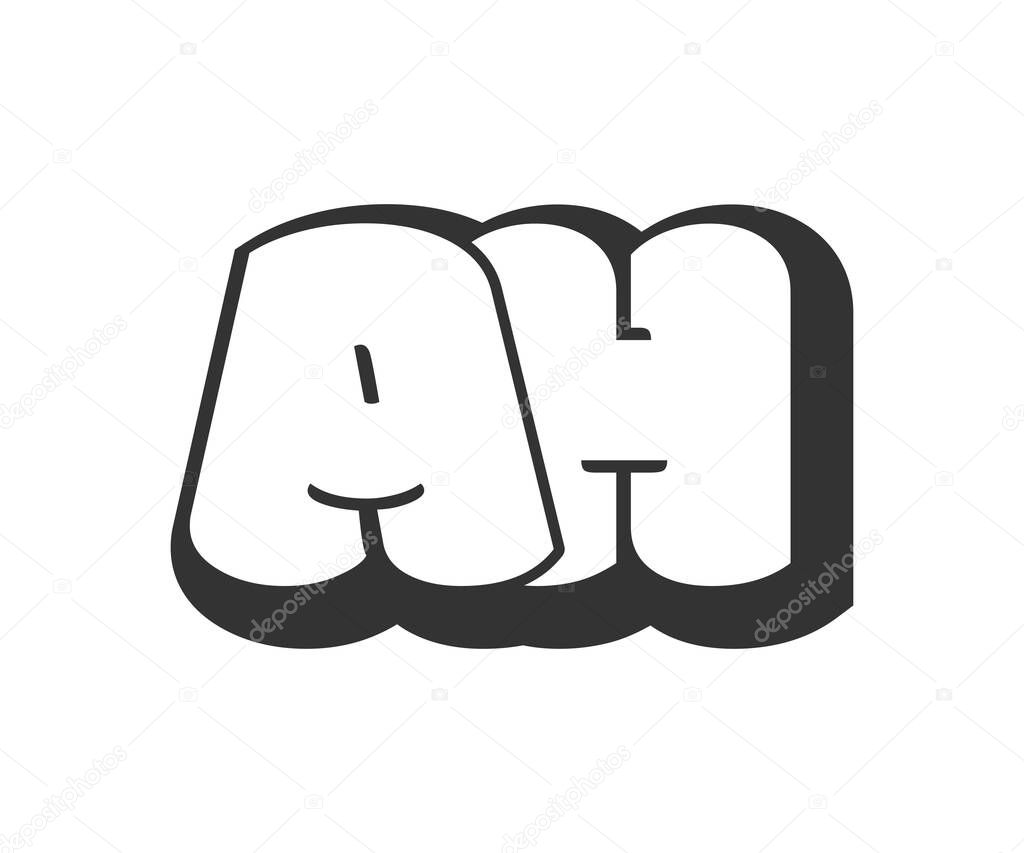 AH logo, bubble comic lettering, rounded in graffiti style black and white silhouette. Trendy preschool A and H letter text for festival party, personal initials, children funky print and web. Vector illustration.