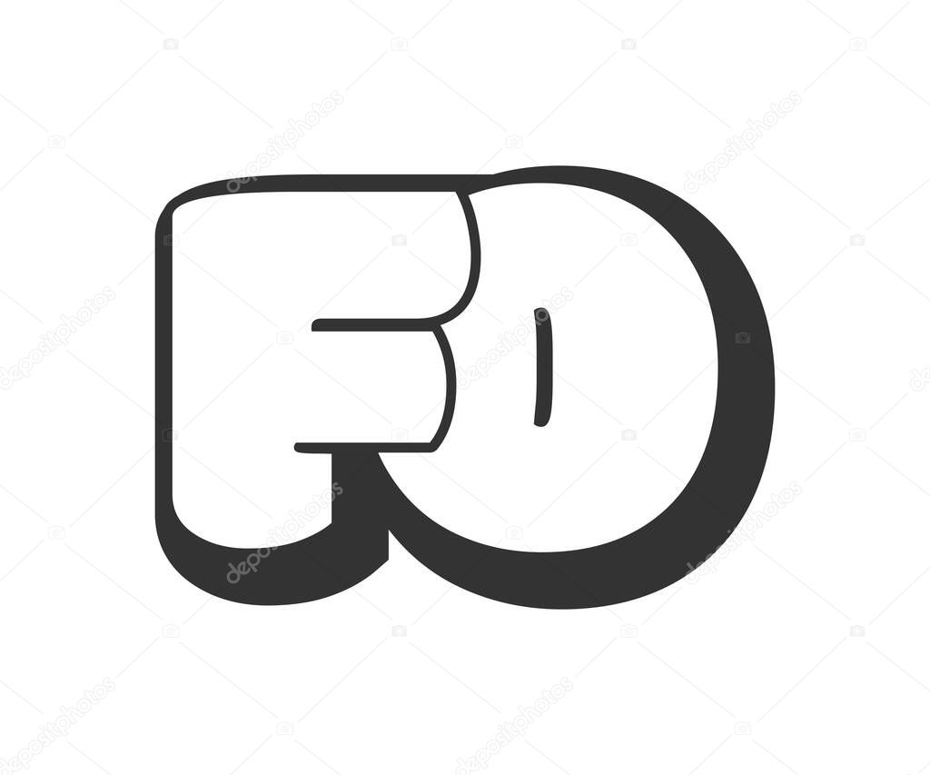 FO logo, bubble comic lettering, rounded in graffiti style black and white silhouette. Trendy preschool F and O letter text for festival party, personal initials, children funky print and web. Vector illustration.