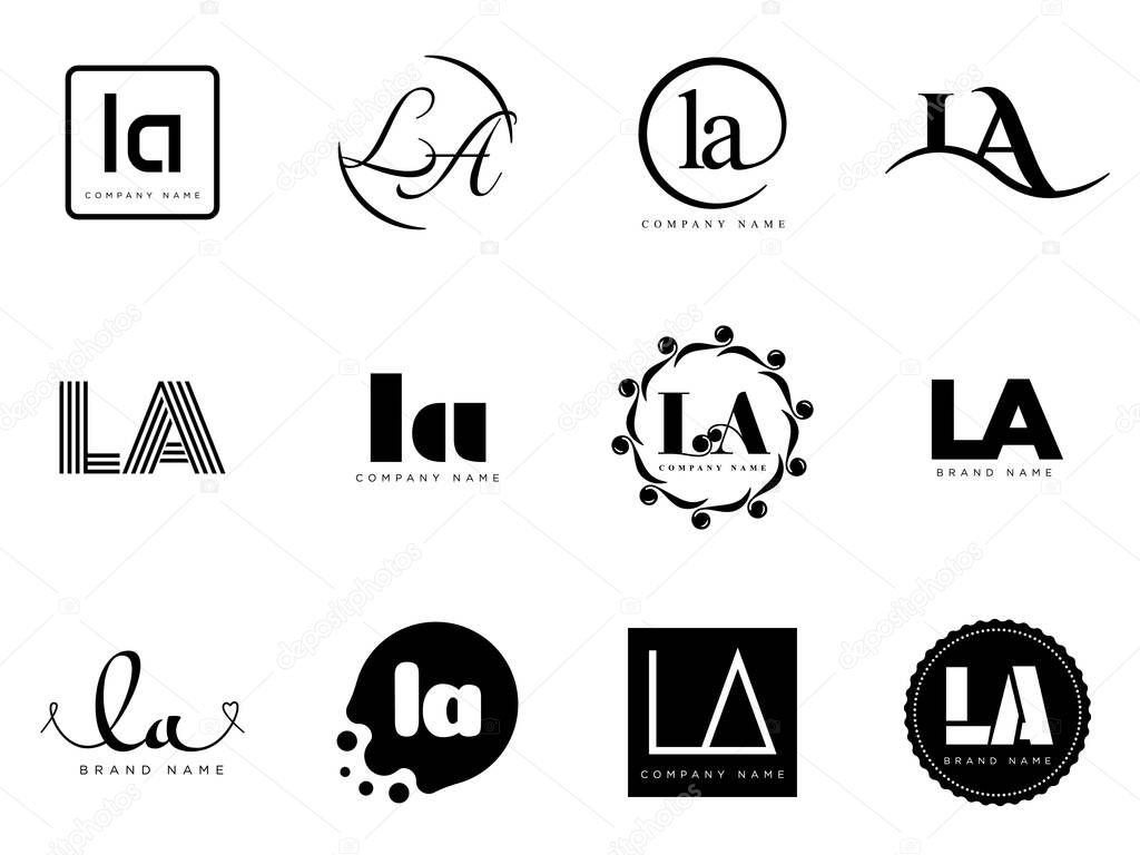 LA logo company template. Letter l and a logotype. Set different classic serif lettering and modern bold text with design elements. Initial font typography. Collection trendy business identity.