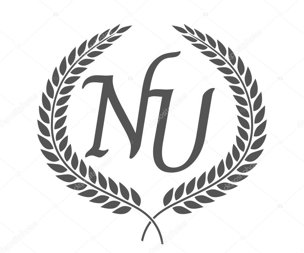Initial letter N and U, NU monogram logo design with laurel wreath. Luxury emblem with calligraphy font.
