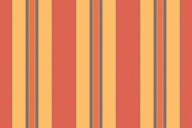 Düzenli arka plan vektör dokusu, şenlikli, dikişsiz tekstil kumaşı. Turuncu ve kırmızı renk paletinde temel çizgili dikey çizgiler.