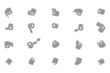 20 minimalist gri tuvalet kağıdı rulo ikonu koleksiyonu. Temiz, modern estetiğe ihtiyaç duyan web siteleri, uygulamalar veya bilgi grafikleri için çok yönlü tasarım.