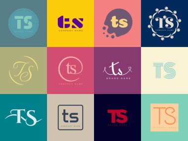 TS logo şirketi şablonu. Mektup t ve logoti. Tasarım elemanları ile farklı klasik serif harfleri ve modern kalın metin ayarla. İlk yazı tipi tipografisi. Koleksiyon trend iş kimliği.
