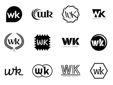 WK logo şirketi şablonu. Harf w ve k logotype. Tasarım elemanları ile farklı klasik serif harfleri ve modern kalın metin ayarla. İlk yazı tipi tipografisi. Koleksiyon trend iş kimliği.