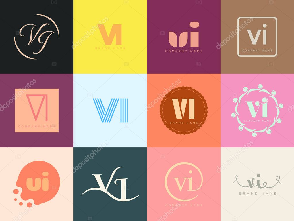 VI logo company template. Letter v and i logotype. Set different classic serif lettering and modern bold text with design elements. Initial font typography. Collection trendy business identity.