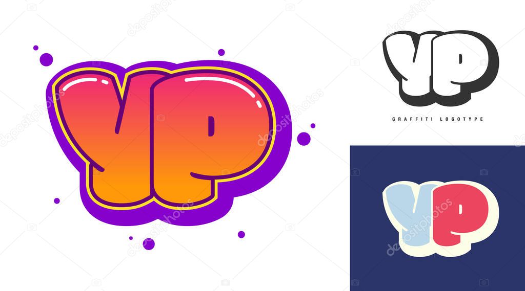YP logo design for festival or party. Initial letter y and p in graffiti style. Creative modern lettering company name of font typography. Kids trendy logotype or identity. Vector illustration.