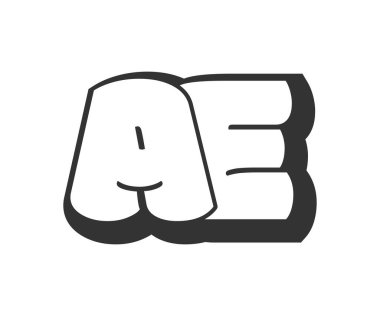 AE logosu, karikatür harfleri, graffiti stili siyah beyaz siluet şeklinde yuvarlak. Festival partisi için modaya uygun anaokulu A ve E harfleri, baş harfleri, çocuklar için funky prinky ve web. Vektör illüstrasyonu.