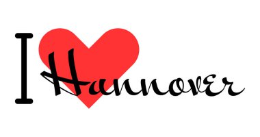 Hannover 'ı seviyorum, Almanya' yı. Kırmızı kalpli el yazısıyla yazılmış mektuplar. Vektör illüstrasyon harfleri, yazdırma tişörtü, afiş, poster, etiket veya etiket için modern tasarım.
