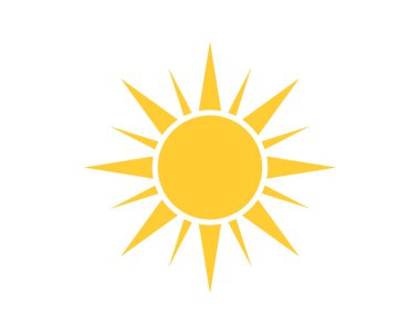 Temiz beyaz zemin üzerinde sivri ışınlar olan parlak sarı güneş ikonu. Sıcaklığı, enerjiyi ve pozitifliği simgeliyor. Hava, yaz veya motivasyon temaları için harika.
