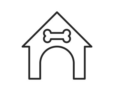 Temiz, minimalist, girişi kemikli bir köpek kulübesi sanatı. Sığınağı, güvenliği, hayvanları ve evcil hayvanları sembolize eder. Veterinerlik veya petrolle ilgili tasarımlar için ideal.