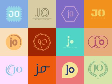 JO logo şirketi şablonu. J ve O harfi logoti. Tasarım elemanları ile farklı klasik serif harfleri ve modern kalın metin ayarla. İlk yazı tipi tipografisi. Koleksiyon trend iş kimliği.
